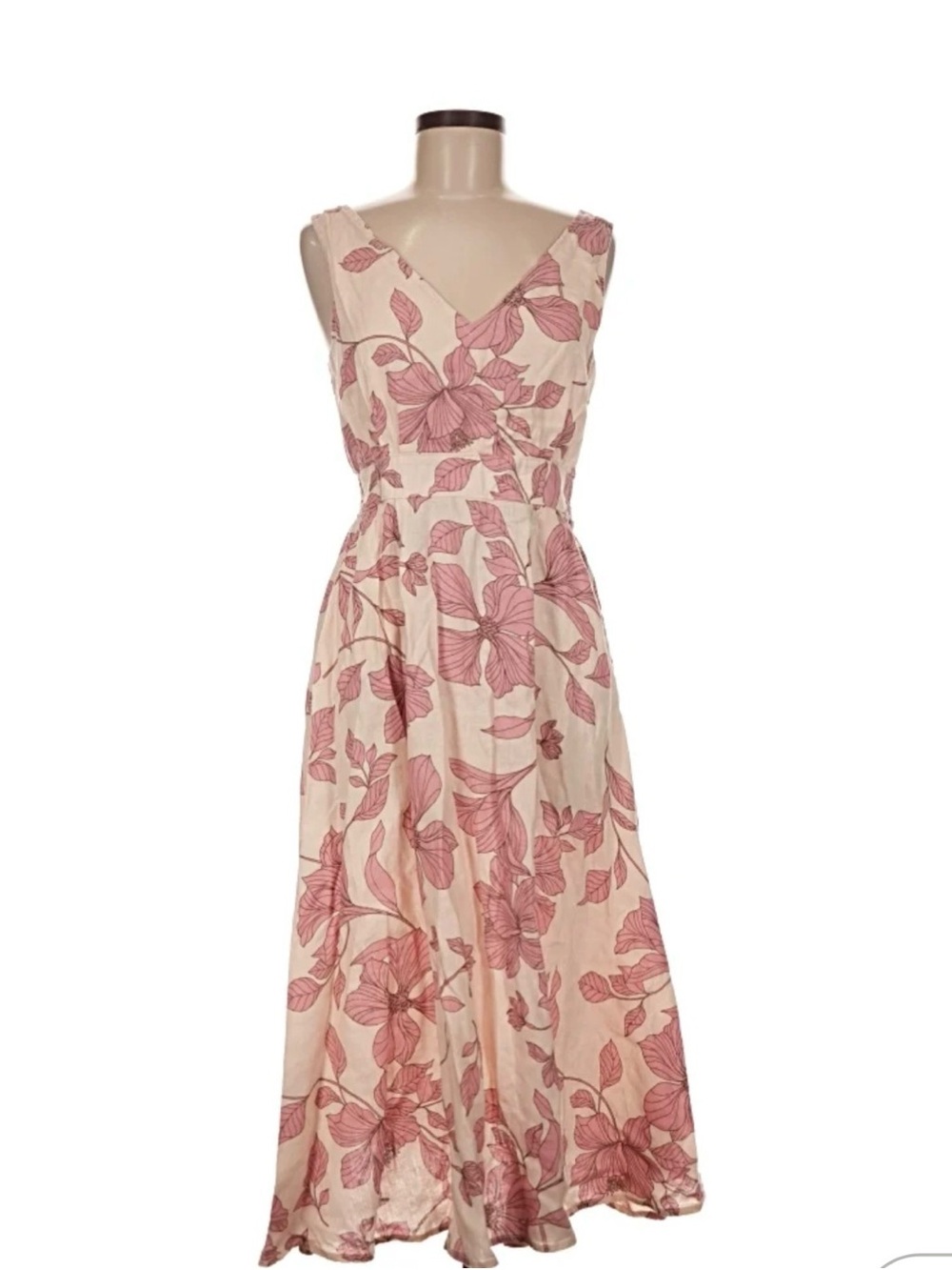 Women's 100% Linen Sleeveless Cream Dress with Pink Botanical Print